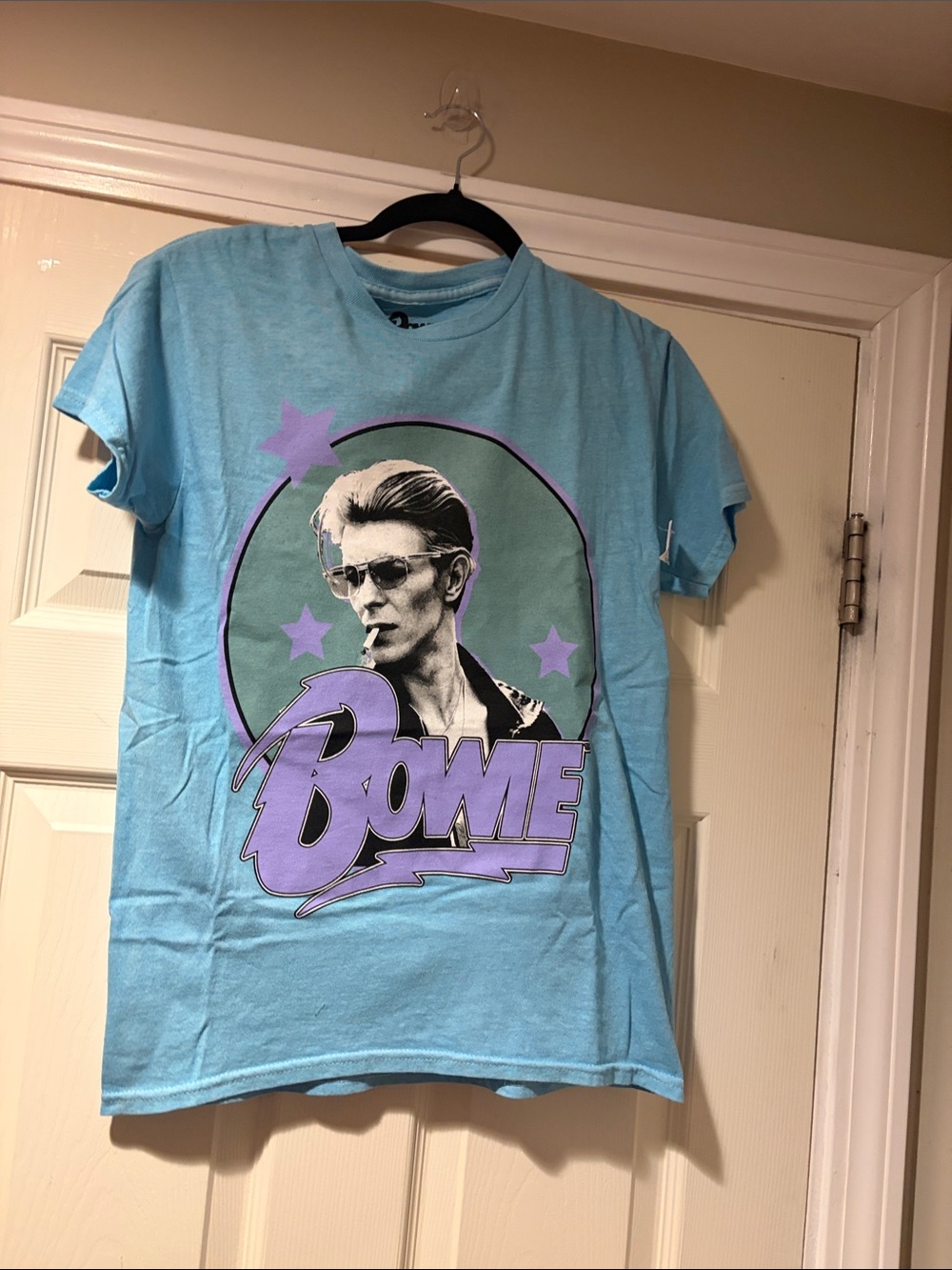 David Bowie Graphic Tee in Light Blue with Purple Print S